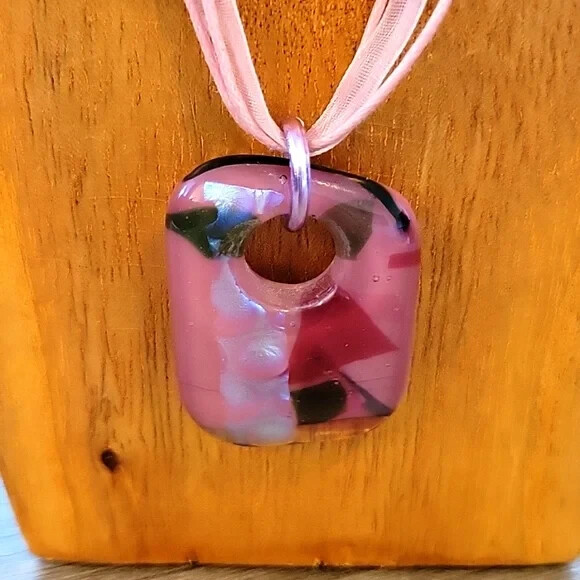 Pink Aqua Multi Fused Glass Handmade Artisan Donut Pendant by Lynn Smythe