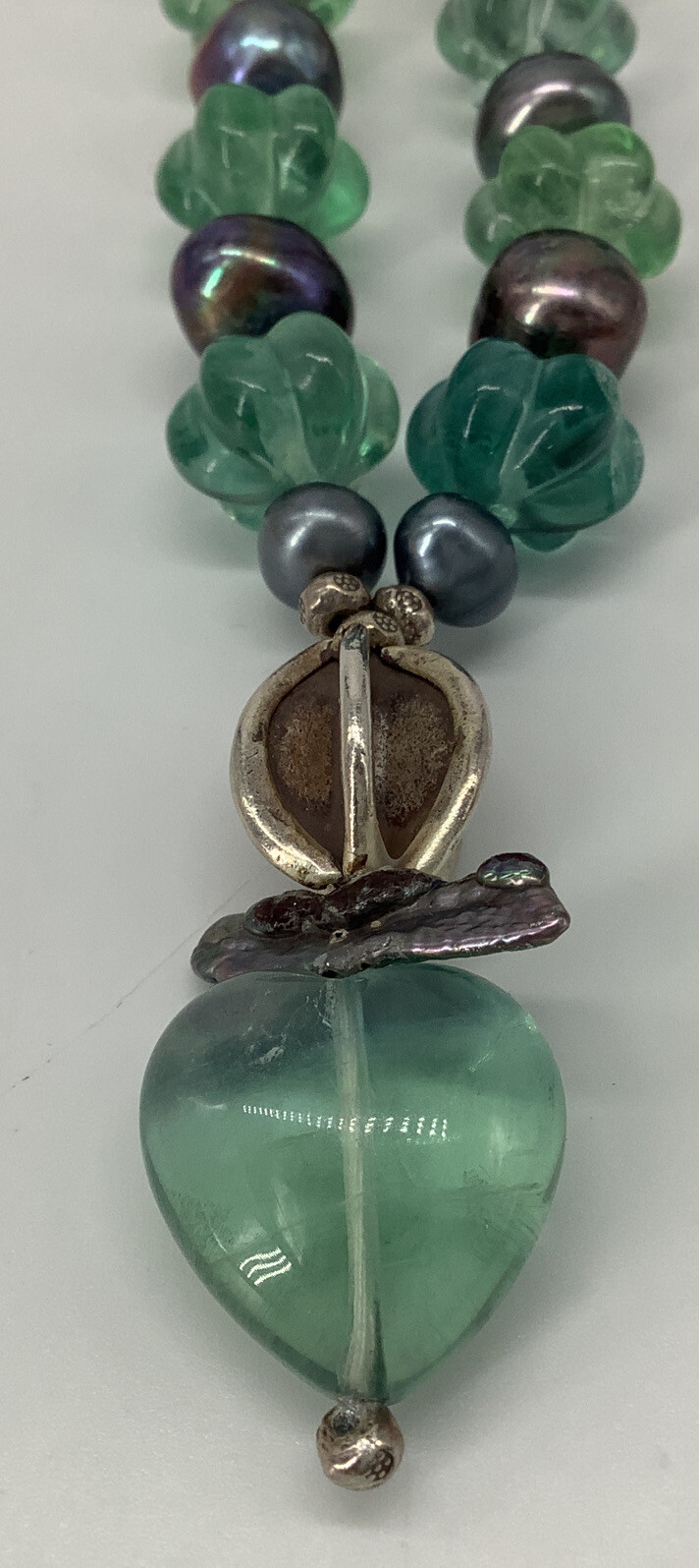 Barbara Acton Bond London Designer Carved Fluorite, Peacock Pearl Necklace 18”