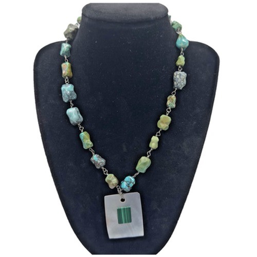 Turquoise Necklace with Mother of Pearl & Malachite Pendant Station 16″ – 18″