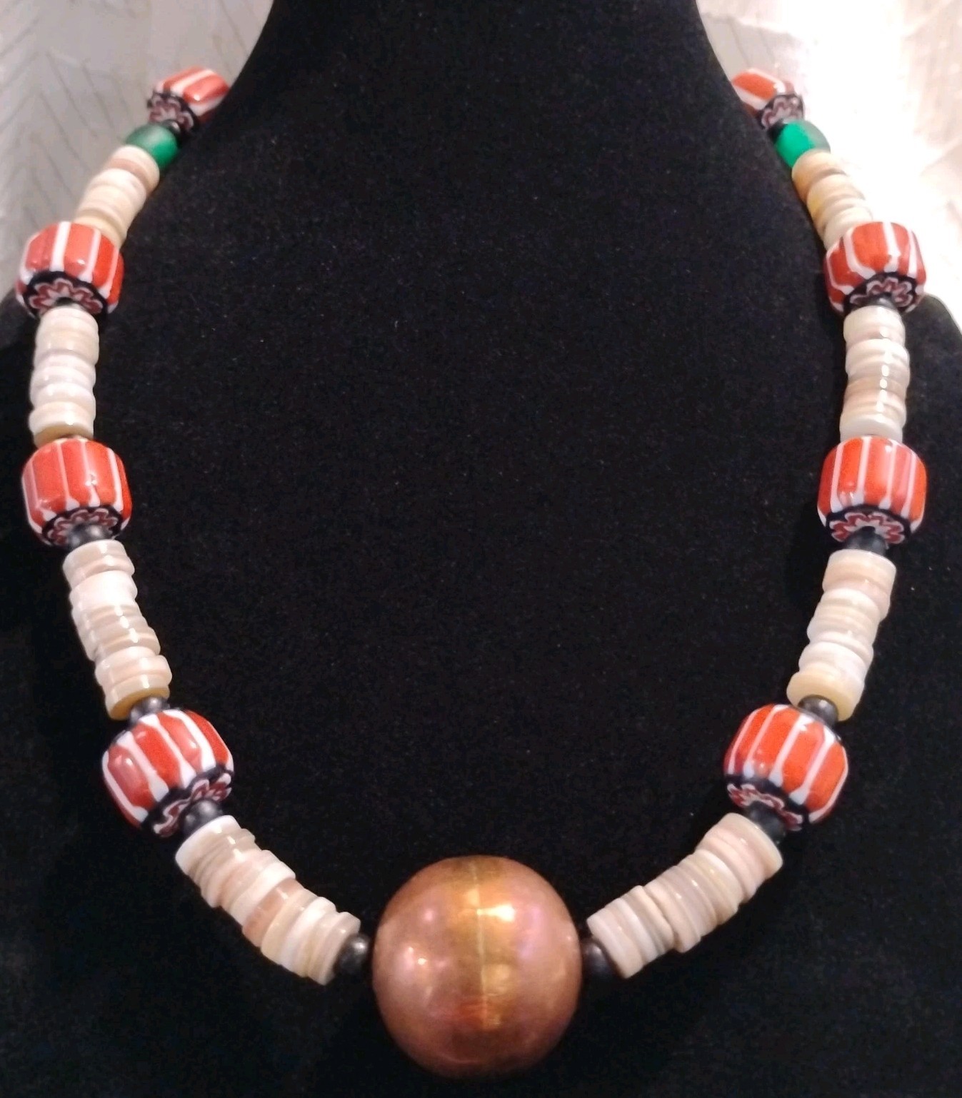 Tribal Copper Red Striped Glass Trade Beaded Natural Wood Necklace