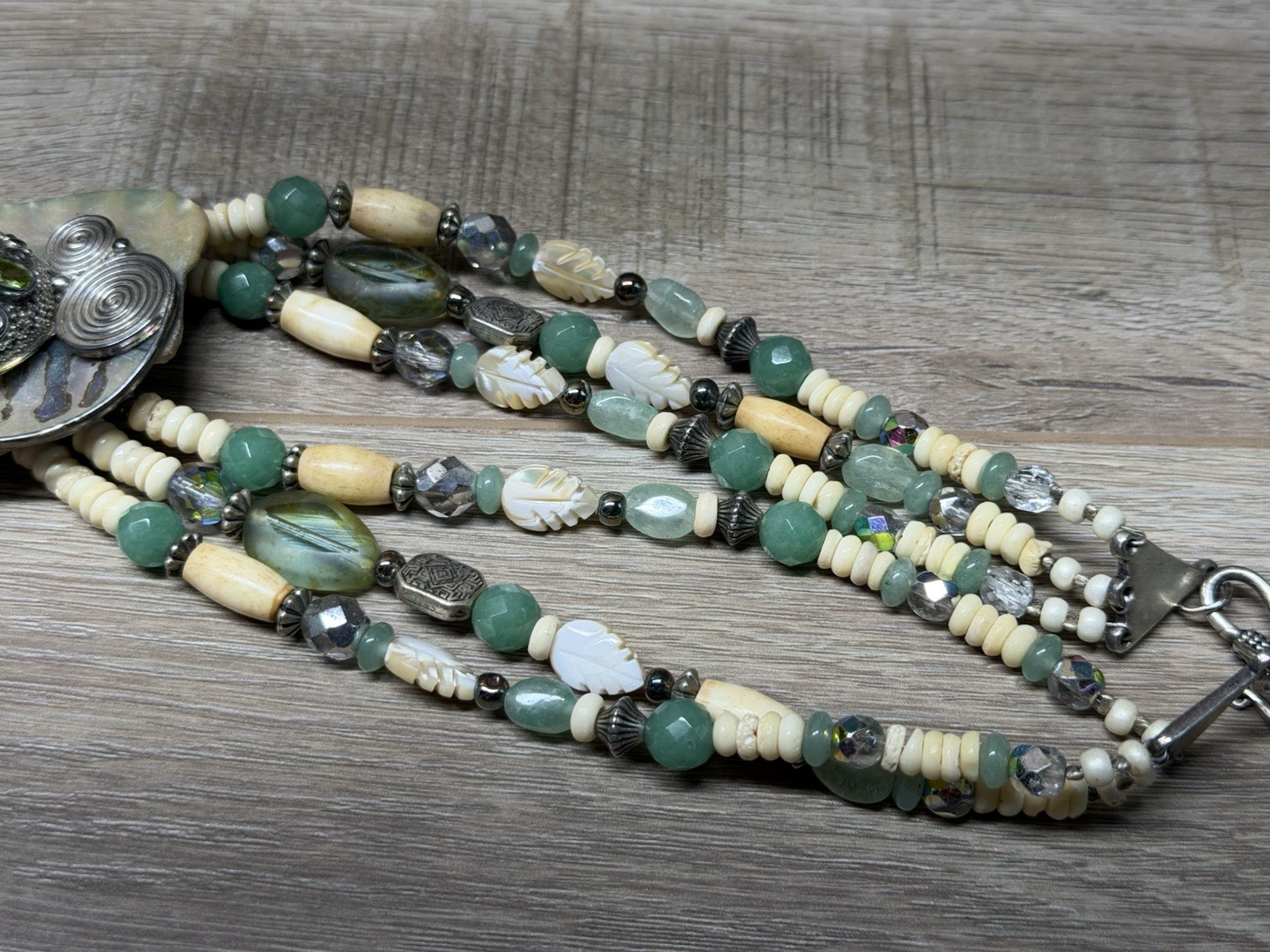 Unmarked Sterling Silver Sajen Carved Goddess Abalone & Gemstone Bead Necklace