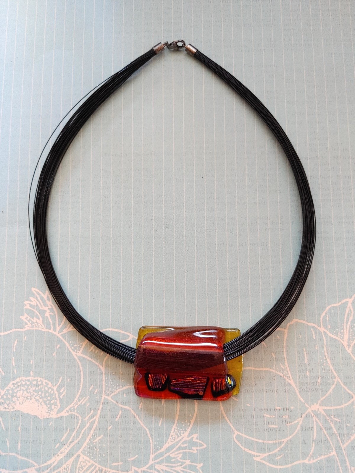 Vintage artisan handmade slump art glass metal foil on fiber cord sterling clasp