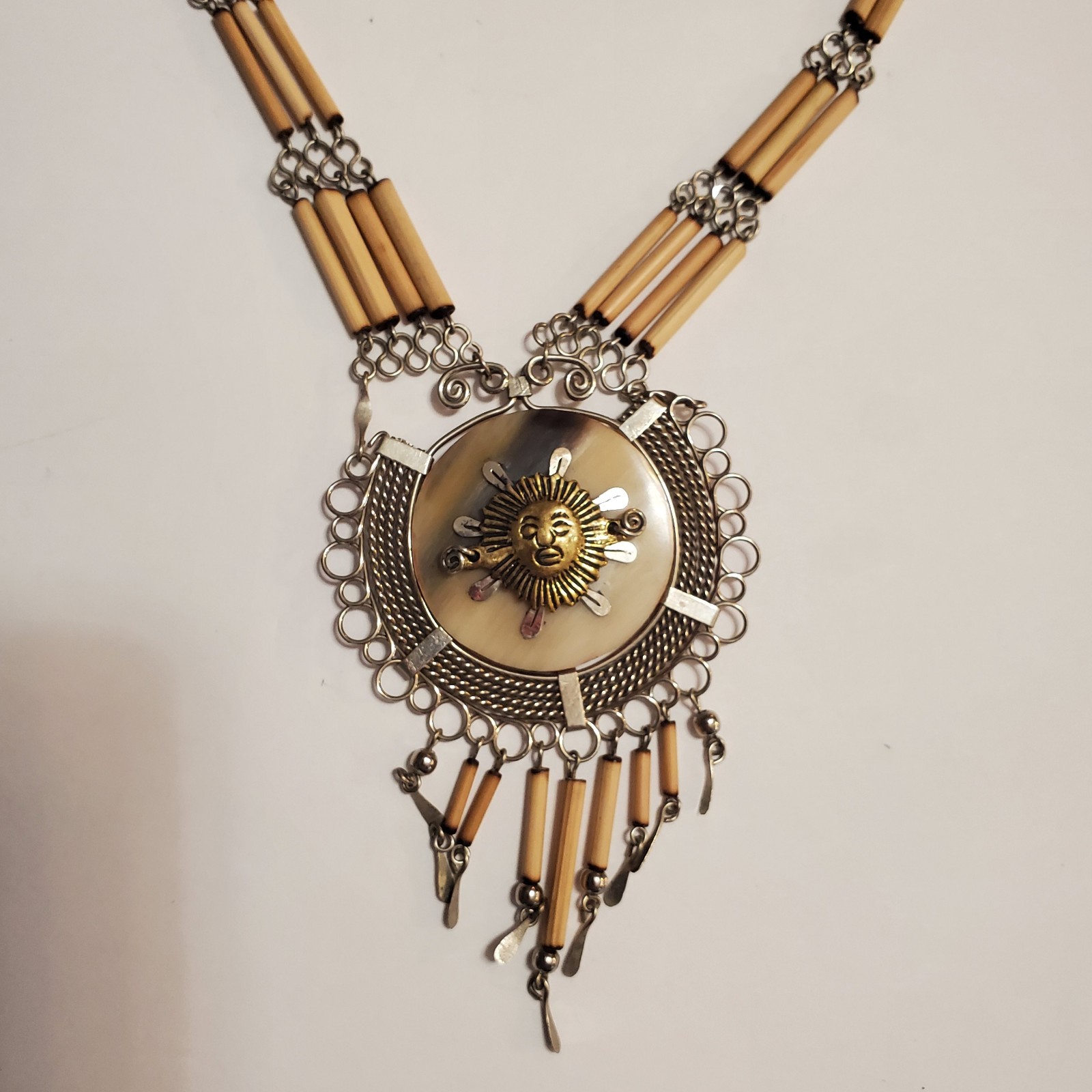 Vintage Handcrafted Peruvian Sun Pendant Bamboo Necklace Peru Cultural Jewelry