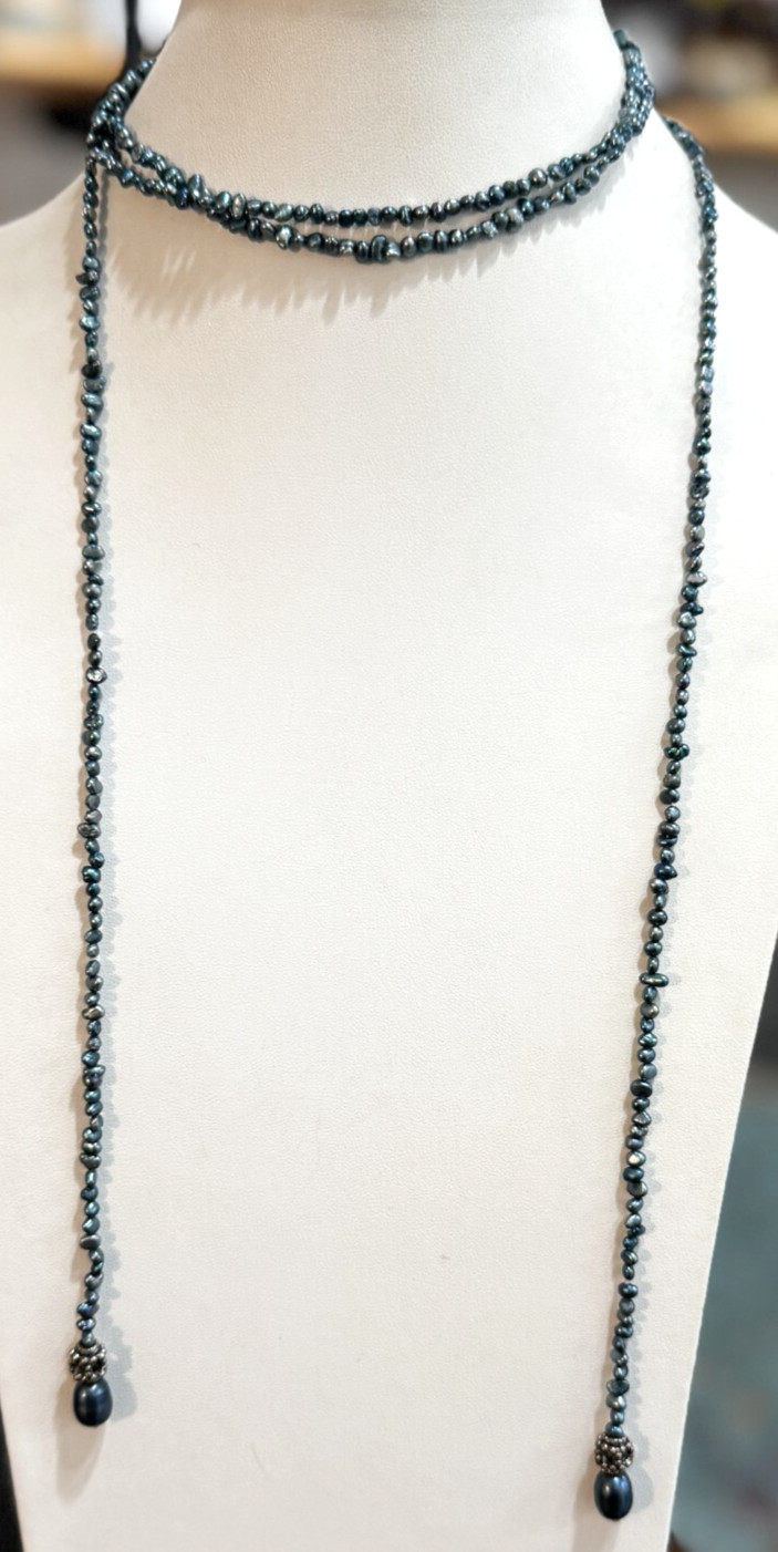 Blue Freshwater Pearl Gunmetal Tone Long Lariat 54″ Necklace