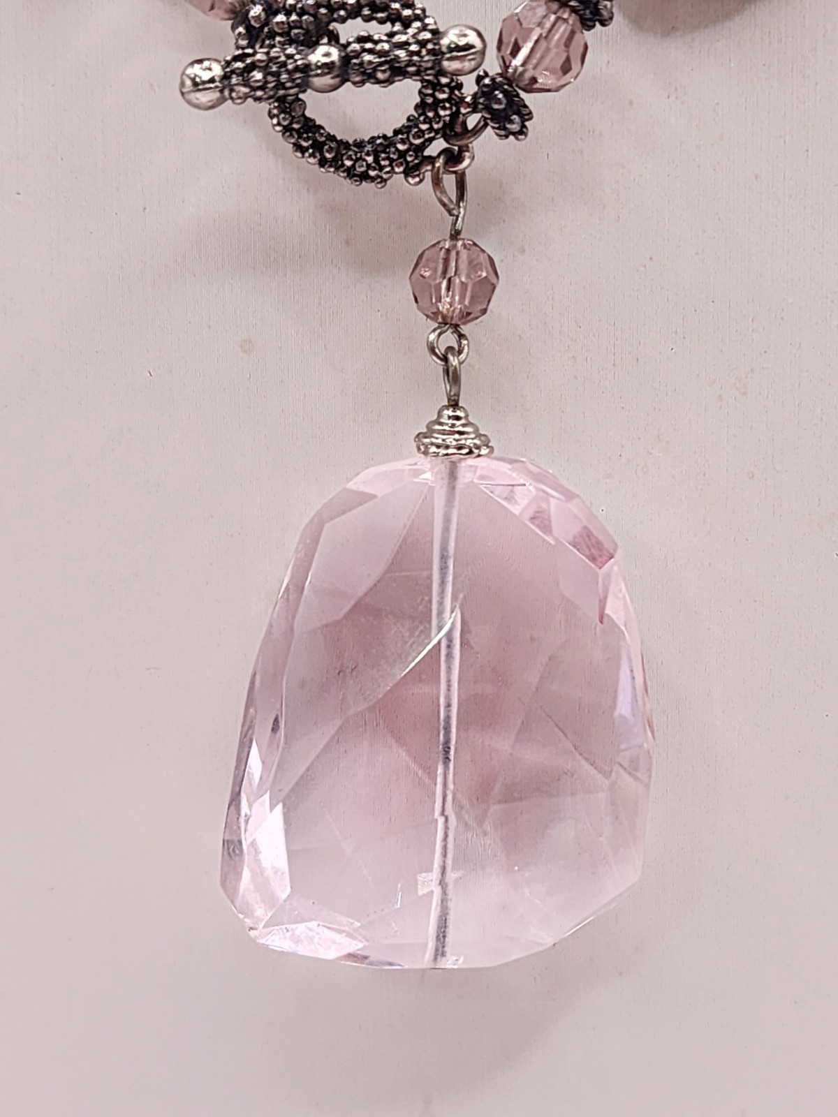 Vintage Artisan Crafted Large MOP Shell With Pink Fauceted Crystal Pendant