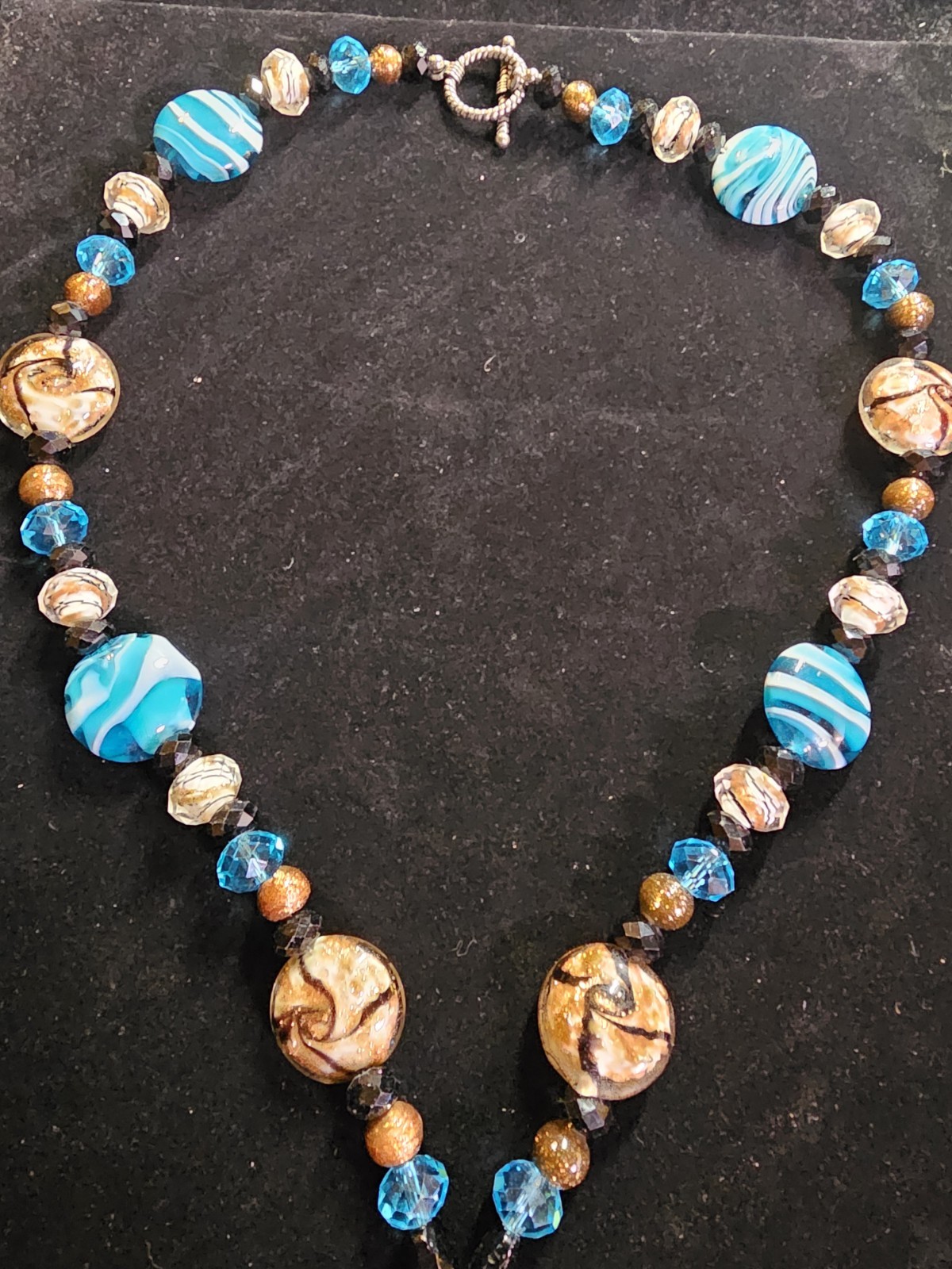 Artisan Glass Pendant Necklace Beaded Blue Black Copper Swirl Handmade