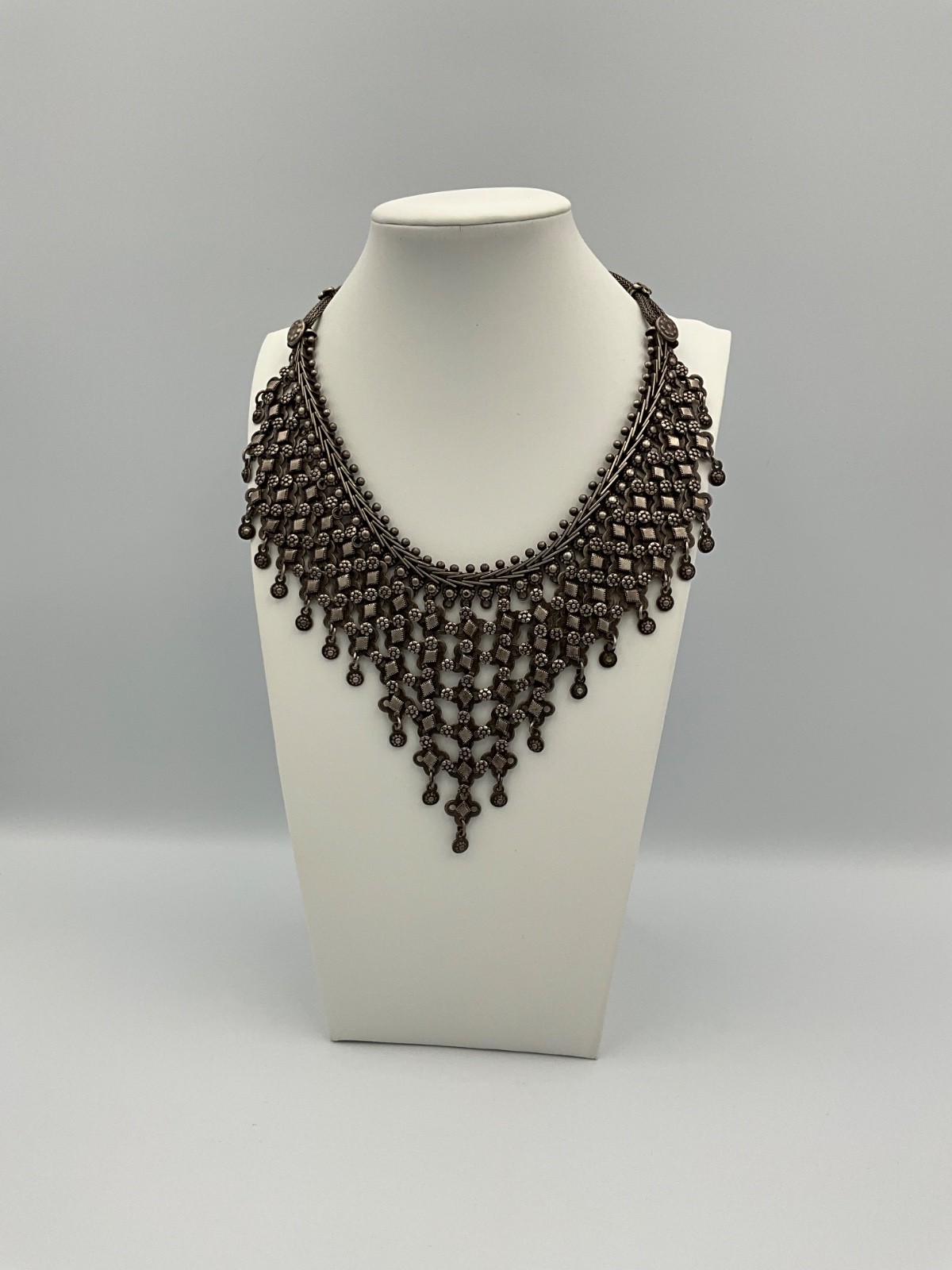 Vintage Rajasthan India Signed RA Sterling Silver BIB Necklace Choker Collier