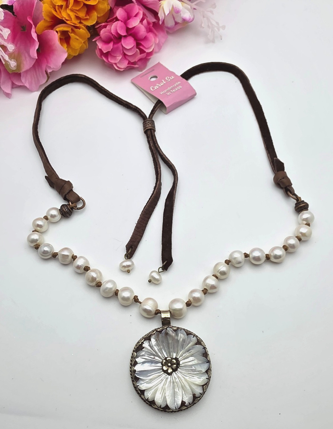 Carol Su Mother of Pearl Flower Pendant Pearl Leather Necklace 32” Adj. Slider