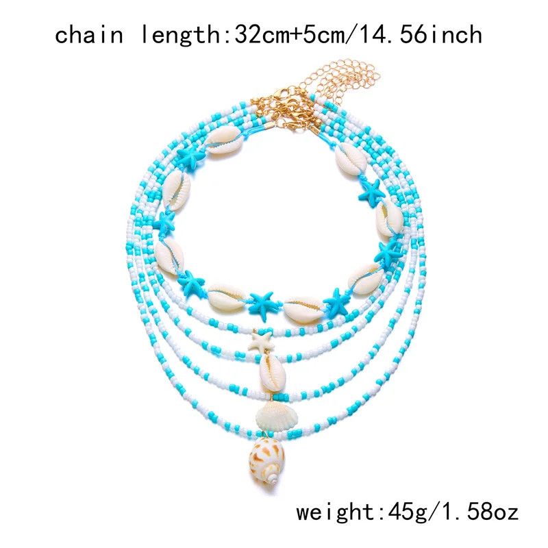 Bohemian Blue Beaded Choker Necklace Set for Women Summer Beach Cowrie Shell Sta