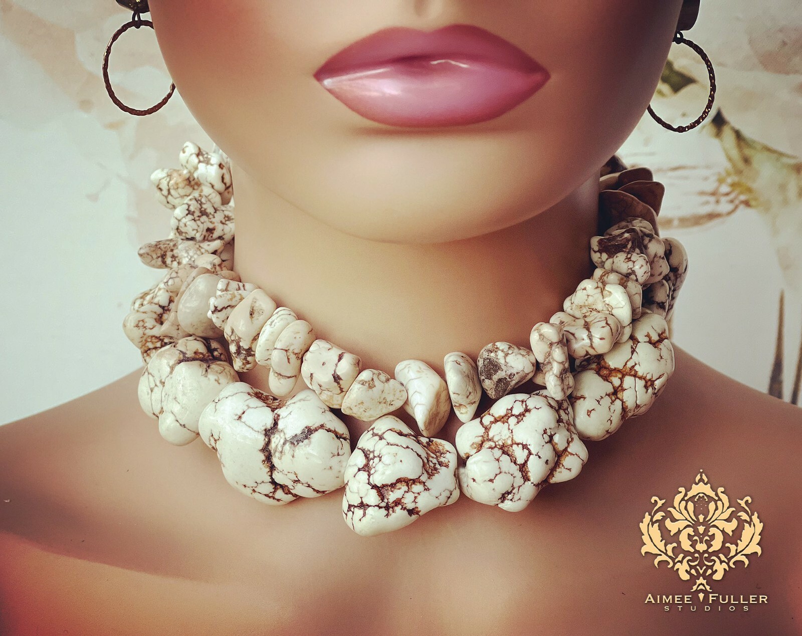 Aimee Fuller Turquoise Howlite Chunky Statement Gem Necklace White Brown Matrix