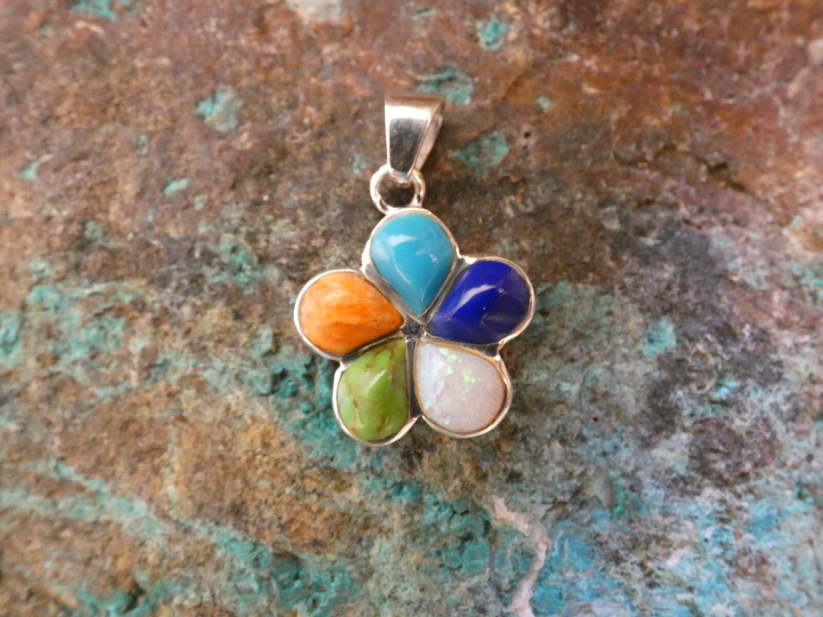 Southwestern Multi Gemstone Flower Handcrafted Sterling Silver Pendant New Y94