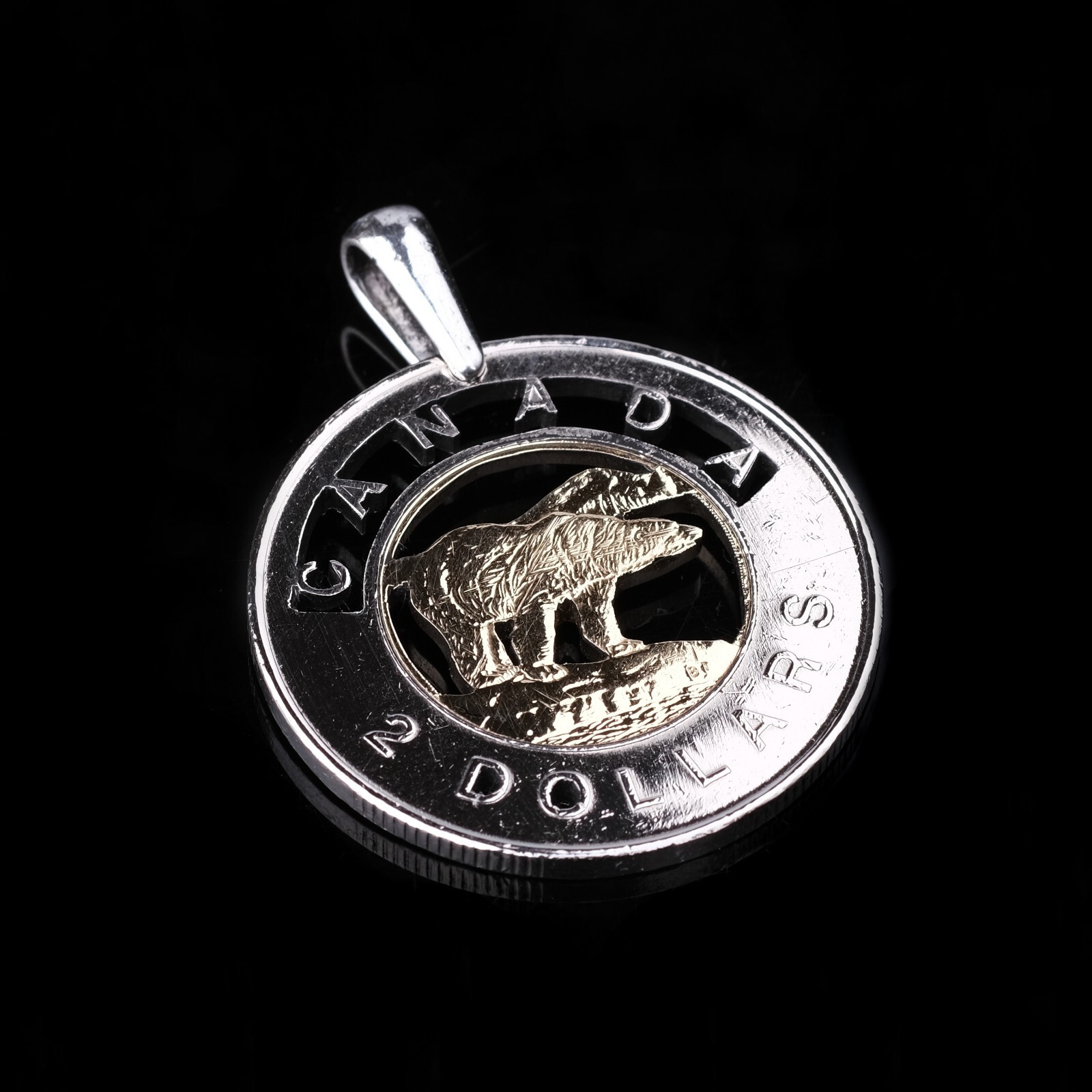 Polar Bear Canada 2 Dollars cut coin pendant Canadian Ottawa Montreal Handcut