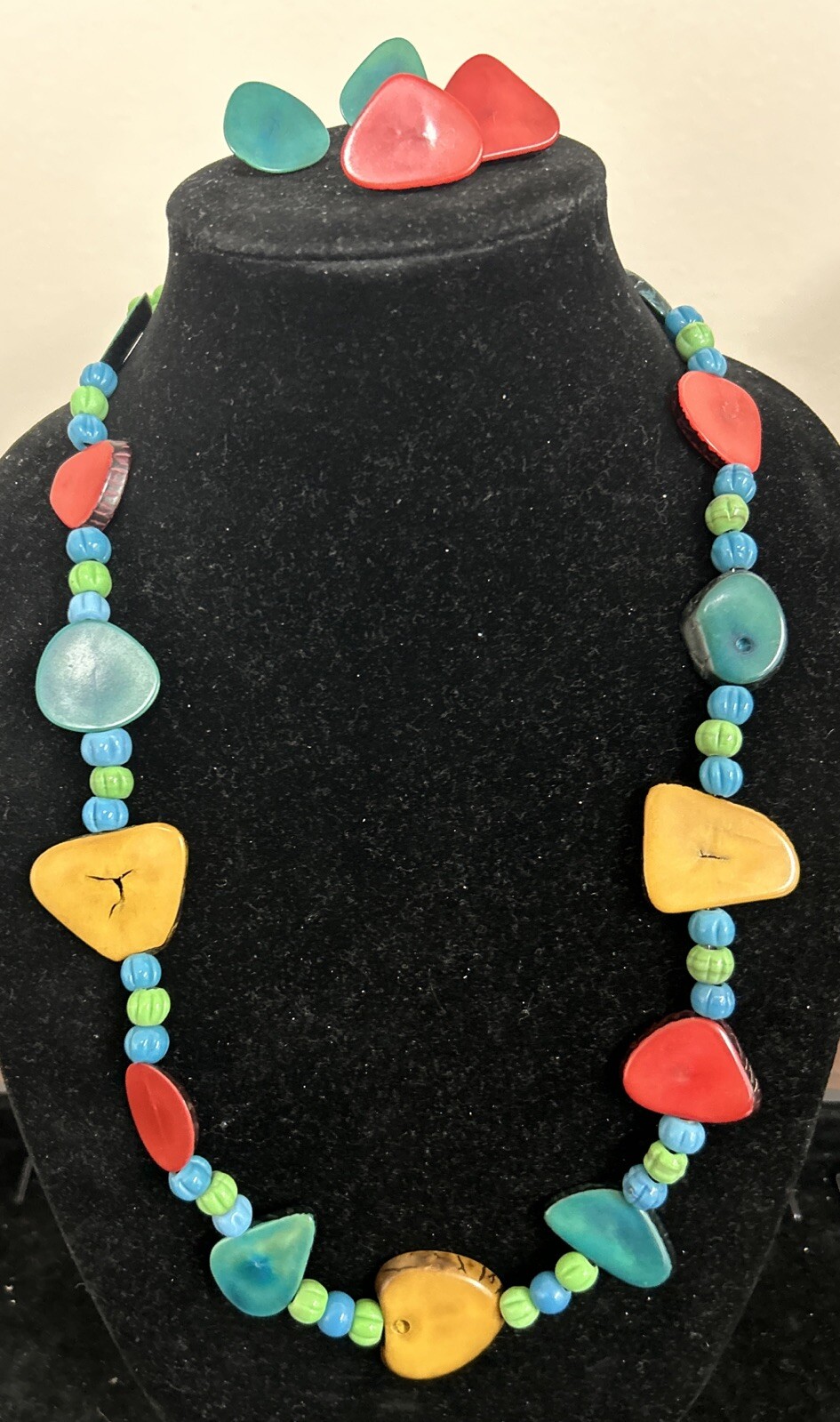 Tagua Nut Necklace Set, 2 Earrings, Multicolor, Artisan Handmade In Ecuador