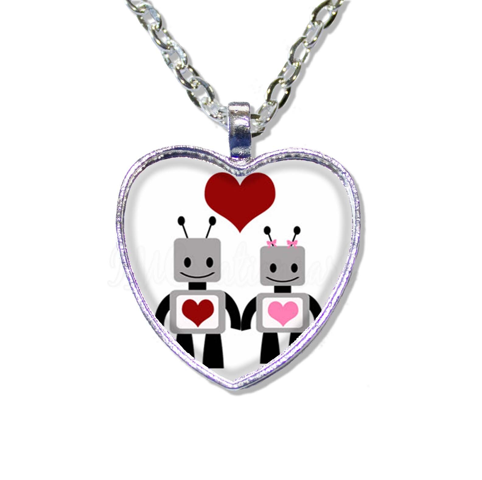 Kawaii Robot Love Valentine’s Day Gift HEART-shaped glass pendant necklace