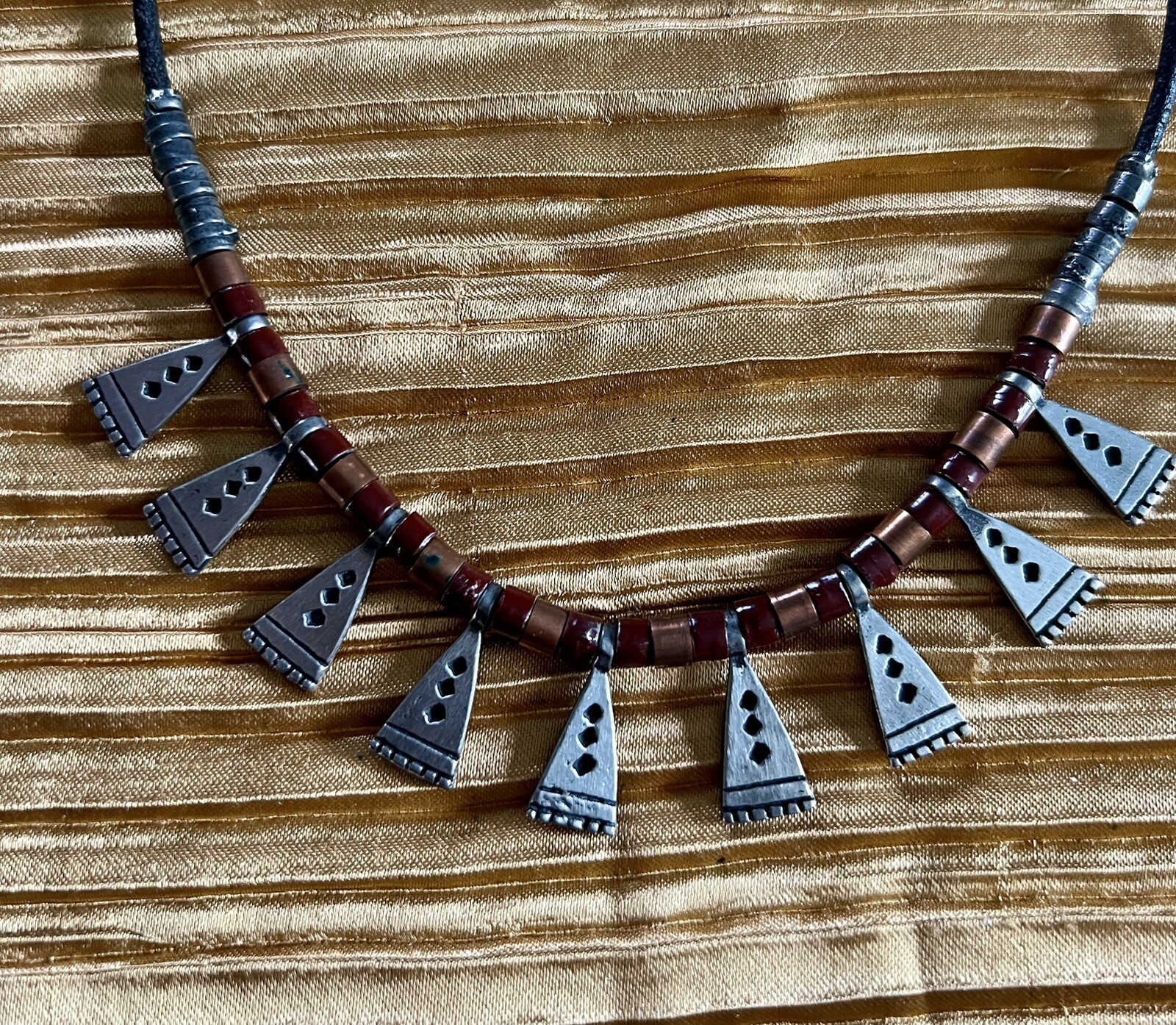 mixed metal Necklace Silver & Copper on Black Cord Signed Alush Jerusalem Israel