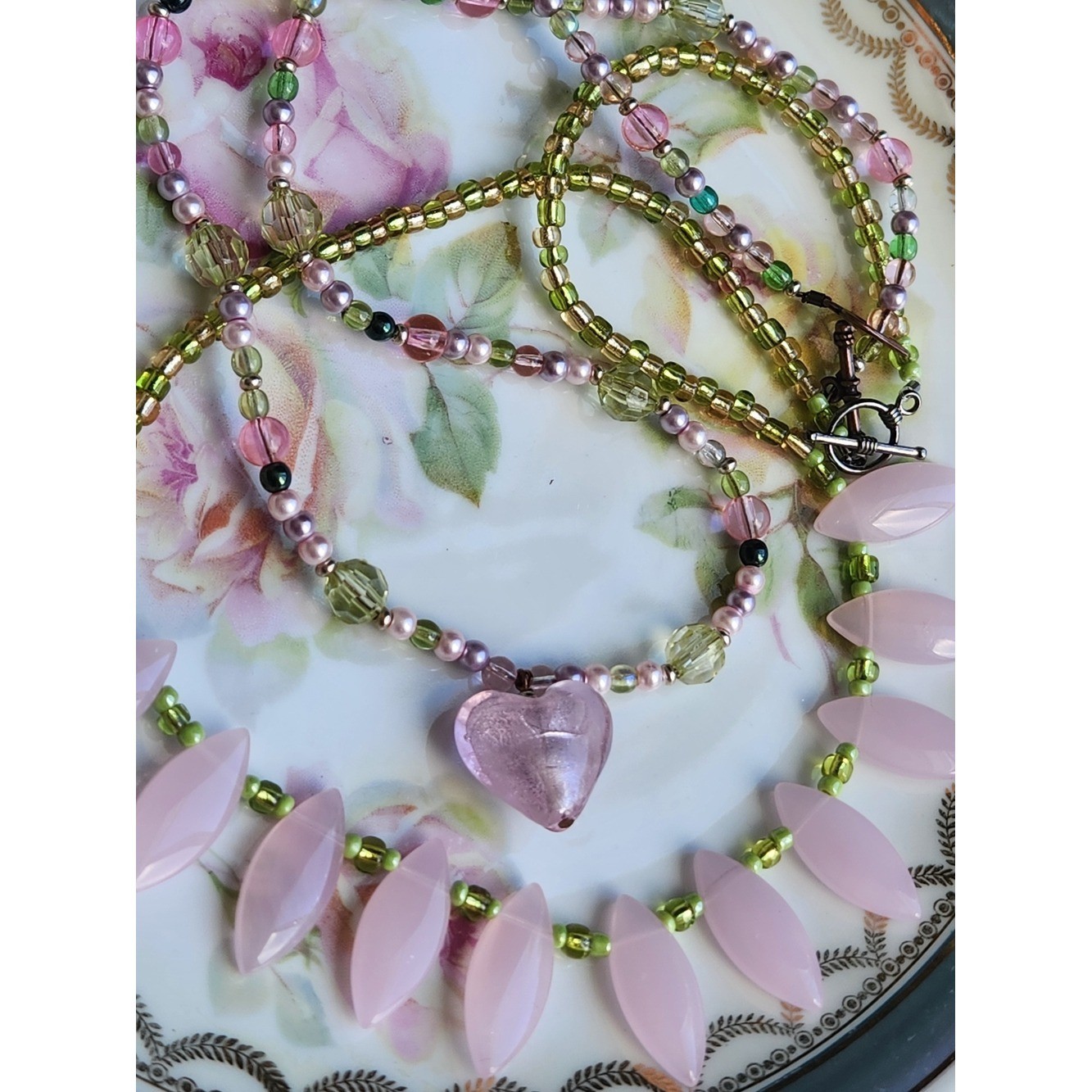 Artisan Pink & Green Art Glass Necklace Set. Fairycore Cottagecore Coquette Girl