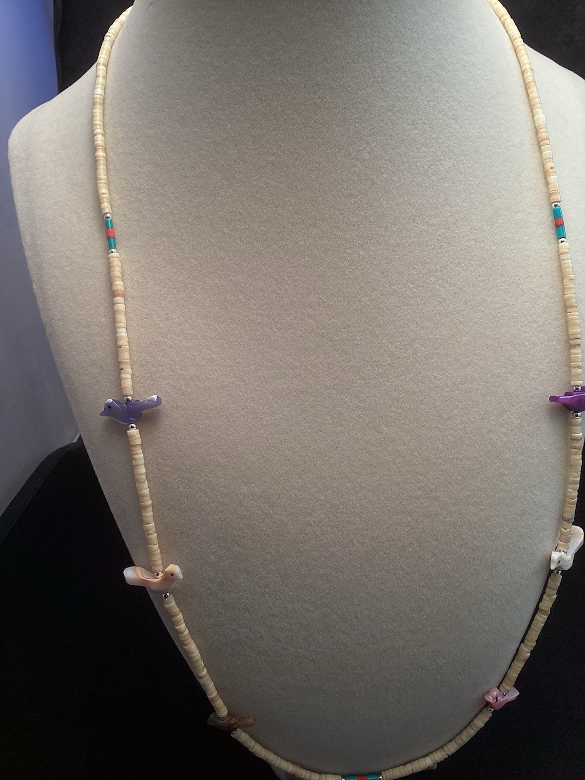 Handmade Fetish Mother Of Pearl Birds Heishi Beaded Southwestern Necklace 24”