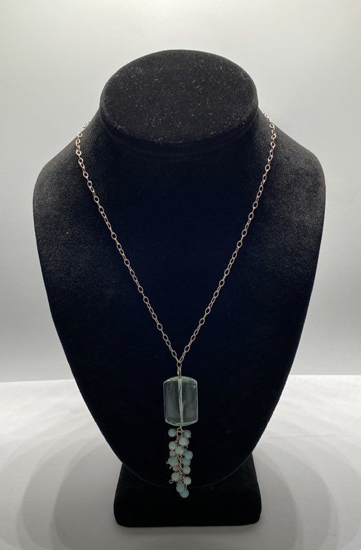 Sterling Silver 925 Blue Green Stone Cluster Pendant Necklace 17.5″ 14.2g