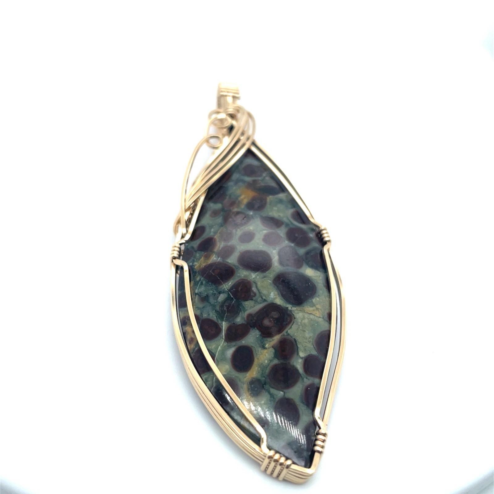 14k Yellow Goldfilled Wire Wrapped Spotted Agate Unique Shape Pendant Jim Fowler