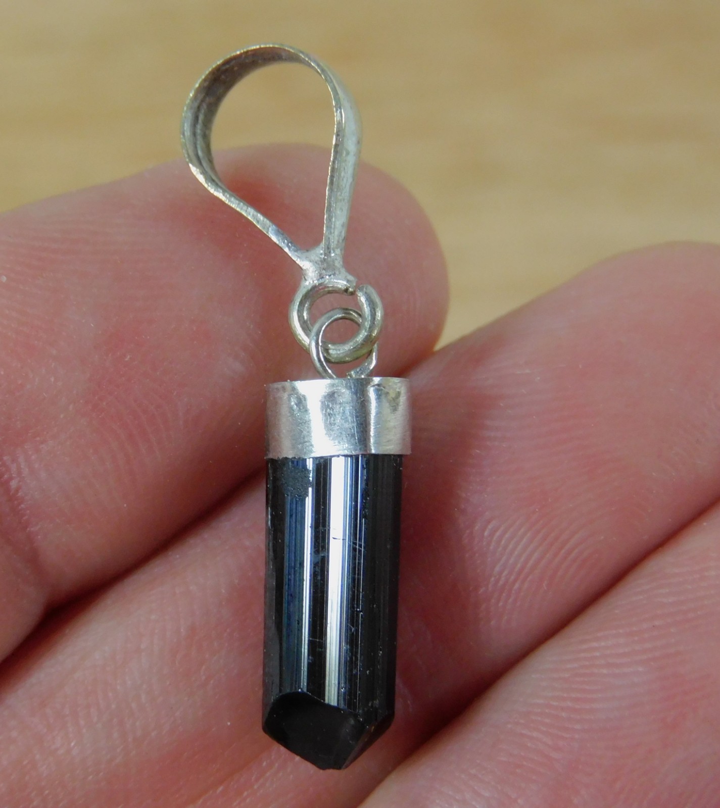 Small Black Tourmaline Pendant Hand set in Silver Setting LG bale