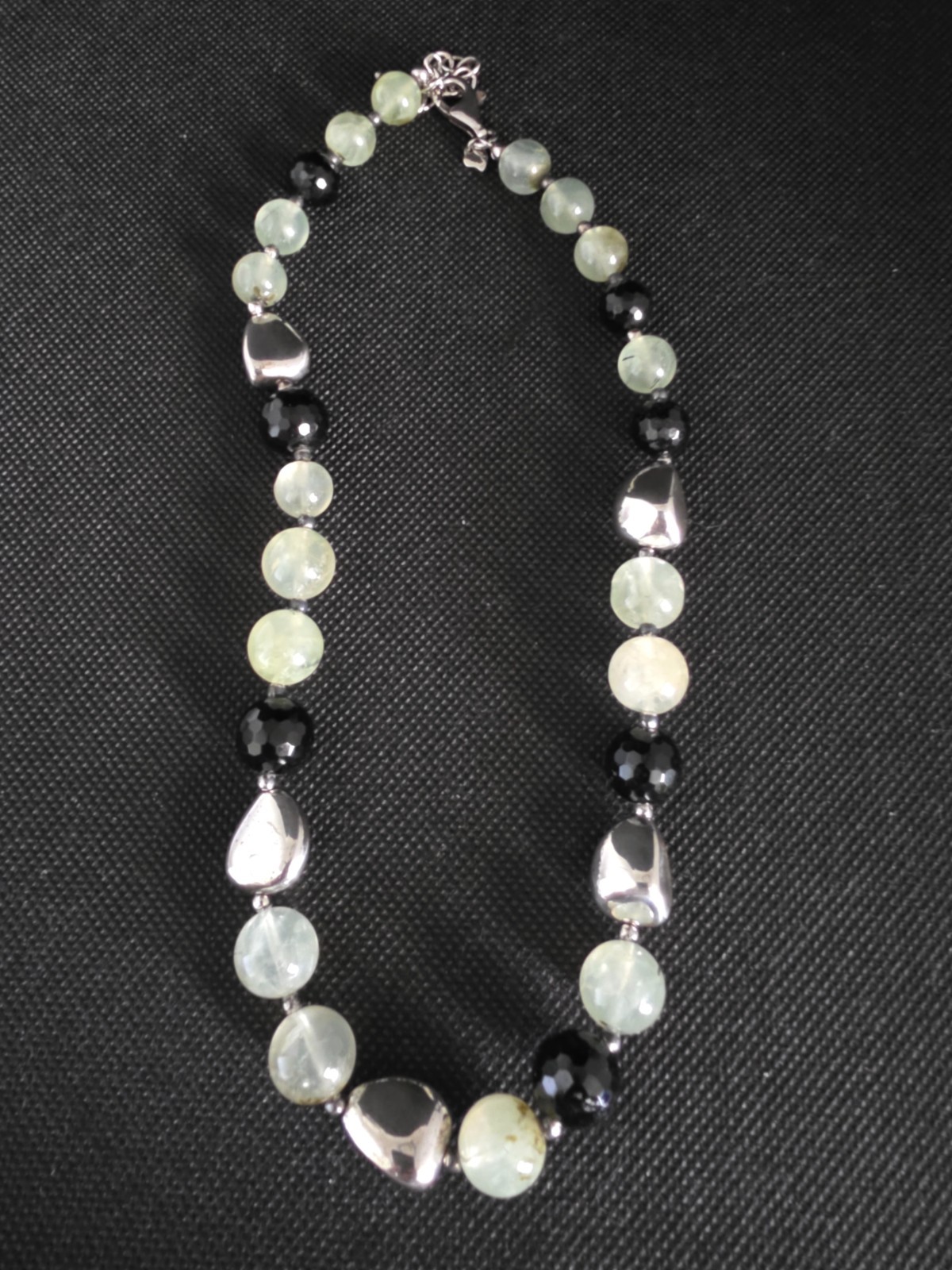 Natural Prehnite Bead Sterling Silver Nuggets Onyx Beads 16″ 2″ Ext Signed J&T