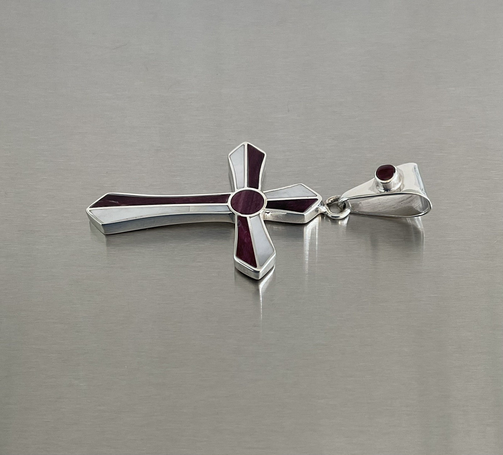 Peruvian Cross Pendant Mother of Pearl, Purple Spiny Oyster Shell, 925 Silver