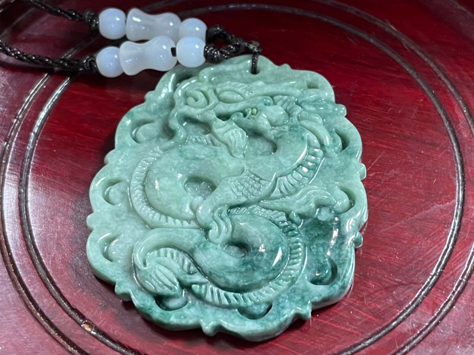 Green Dragon Jade Pendant Amulet Unisex 50x45mm Beaded Cloth Cord Good Luck