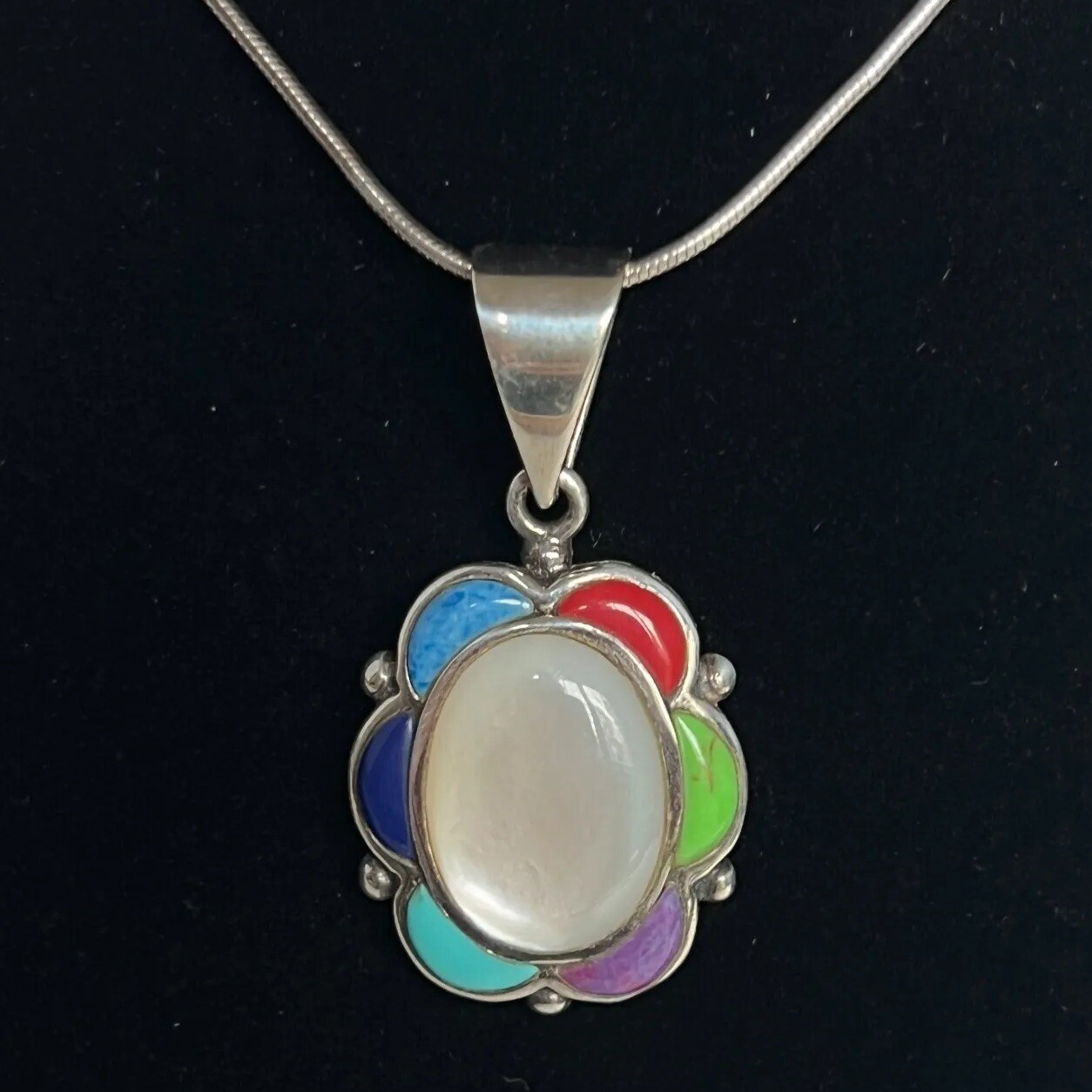 Turquoise Flower Pendant Coral Lapis Gaspeite MOP Sugilite Sterling Silver ~17”