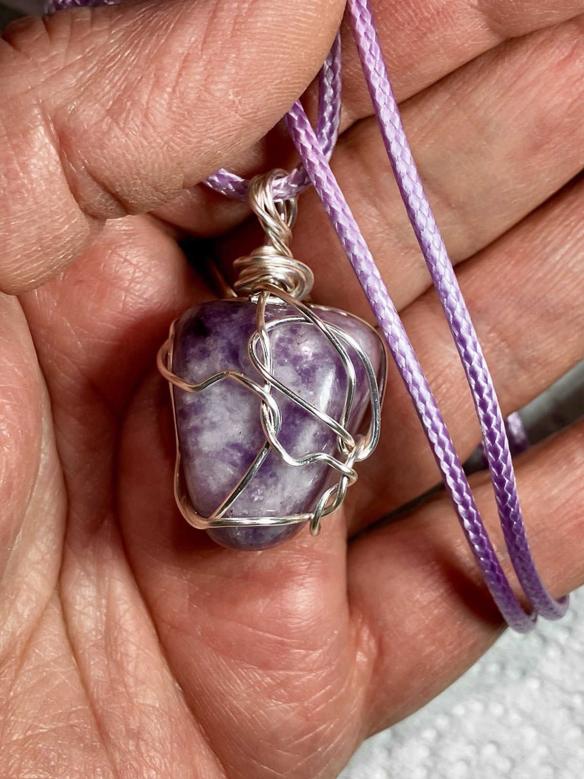 Lepidolite Crystal Pendant , Necklace , Hand Wire Wrapped Stone