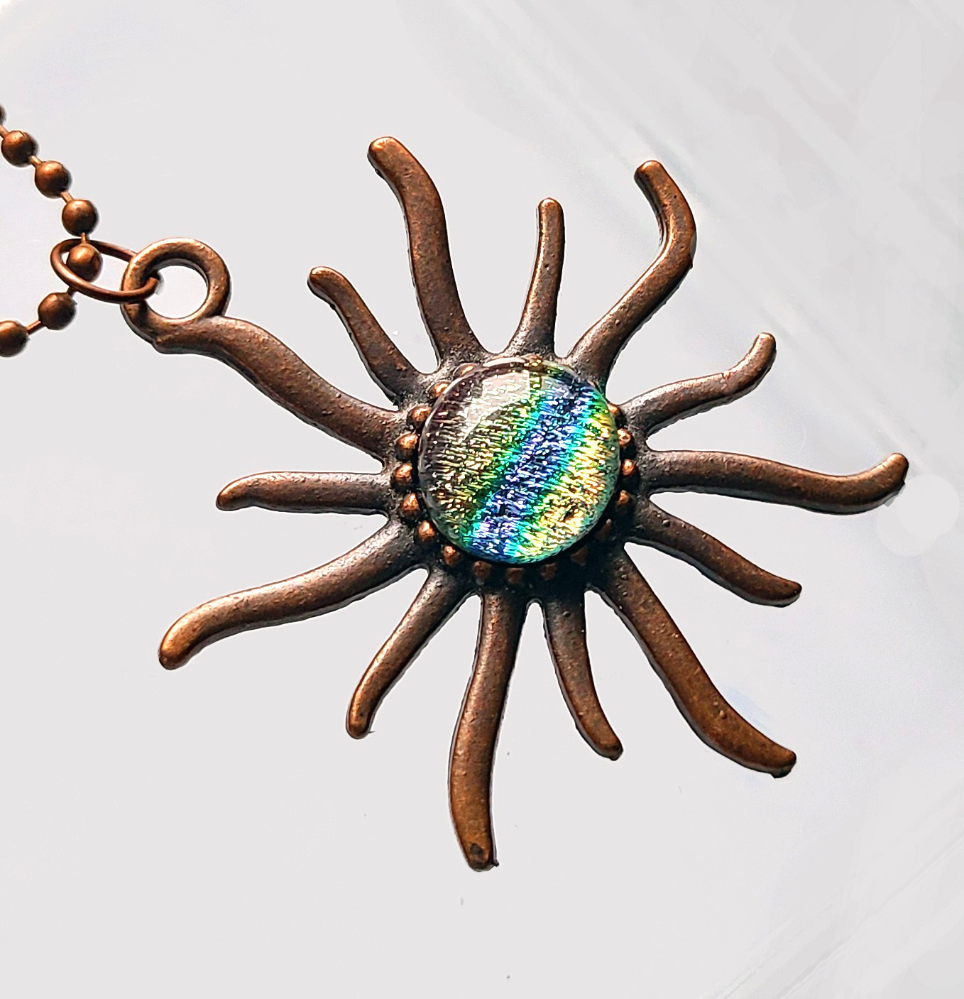 Copper Sun Pendant, Handcrafted Colorful Dichroic Fused Glass w/FREE Necklace
