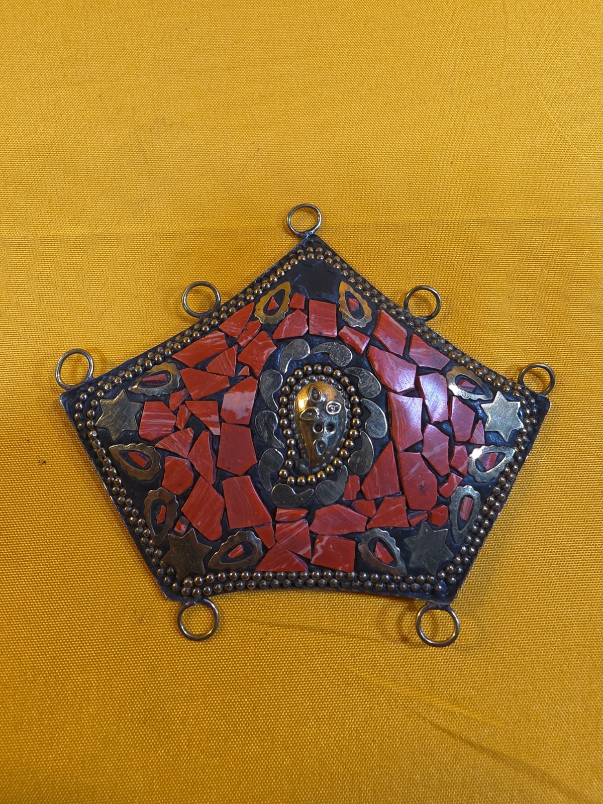 Vintage Handmade Moroccan Brass Tone Red Coral Mosaic Inlaid Stone Pendant
