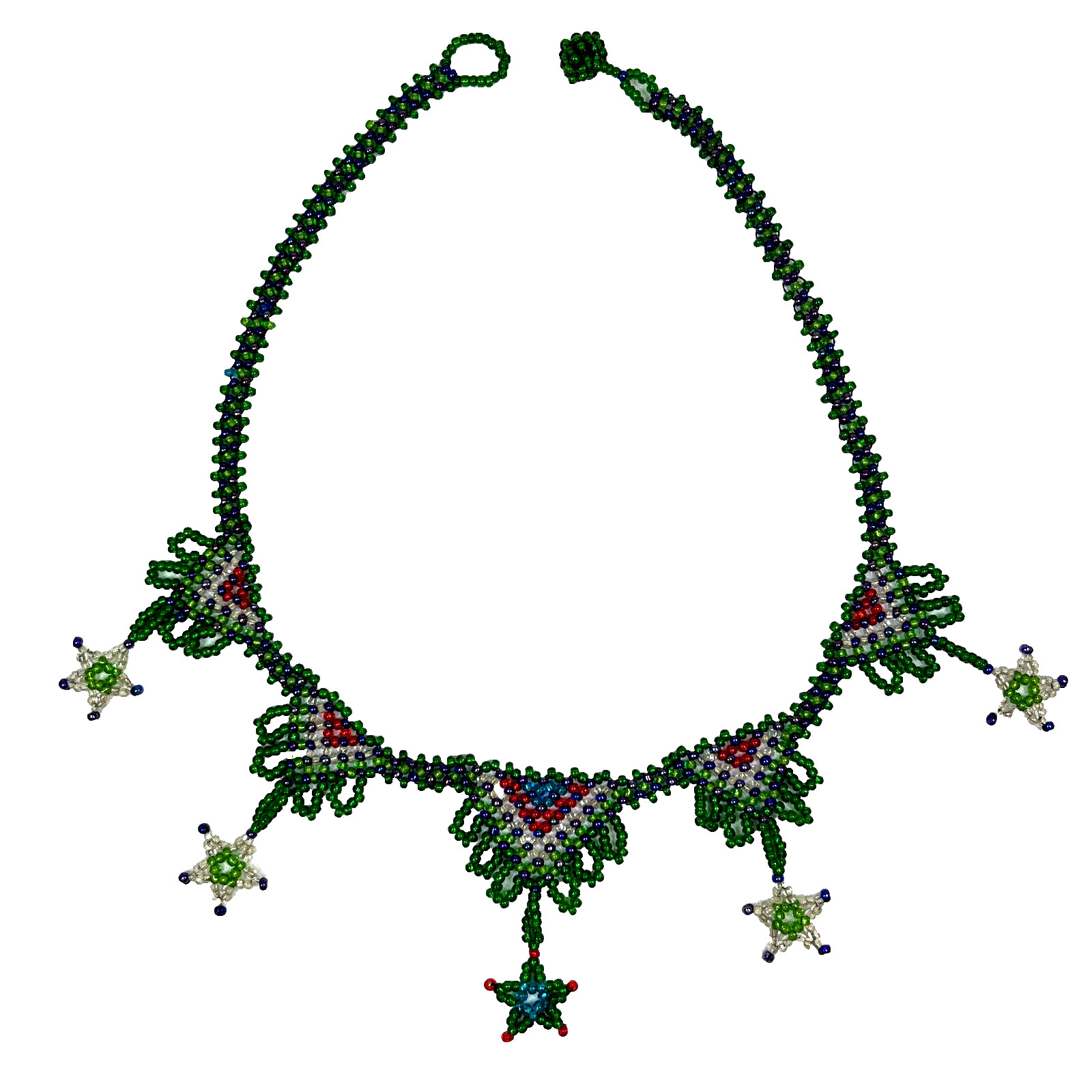 Seed bead choker bib necklace green red blue boho ethnic stars woven handmade J