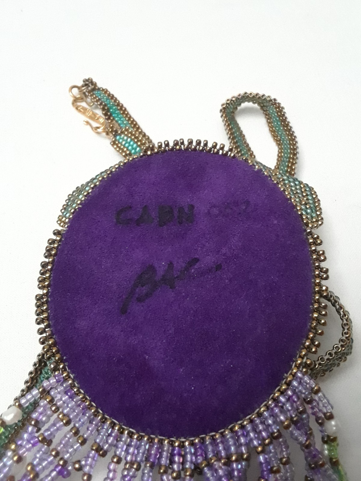 Seed Beaded Artist Design Drop Down Pendant Fringe Green Gemstone Necklace Sign