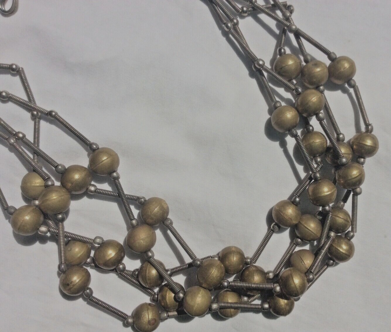 Vintage Pot Metal Trench Art beaded two tone coil bar multilayer necklace