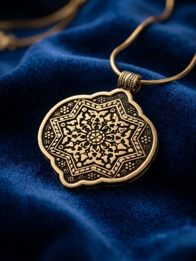 Handmade Copper Geometric Pendant Necklace Artisan Engraved Medallion 60cm Chain