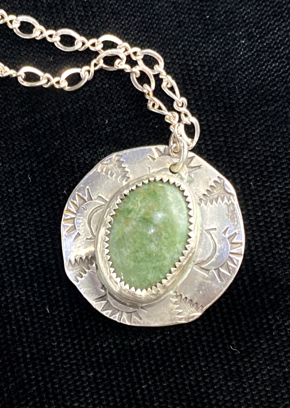 Green Agate Pendant Necklace 925 Sterling Silver 18″ Celestial Design