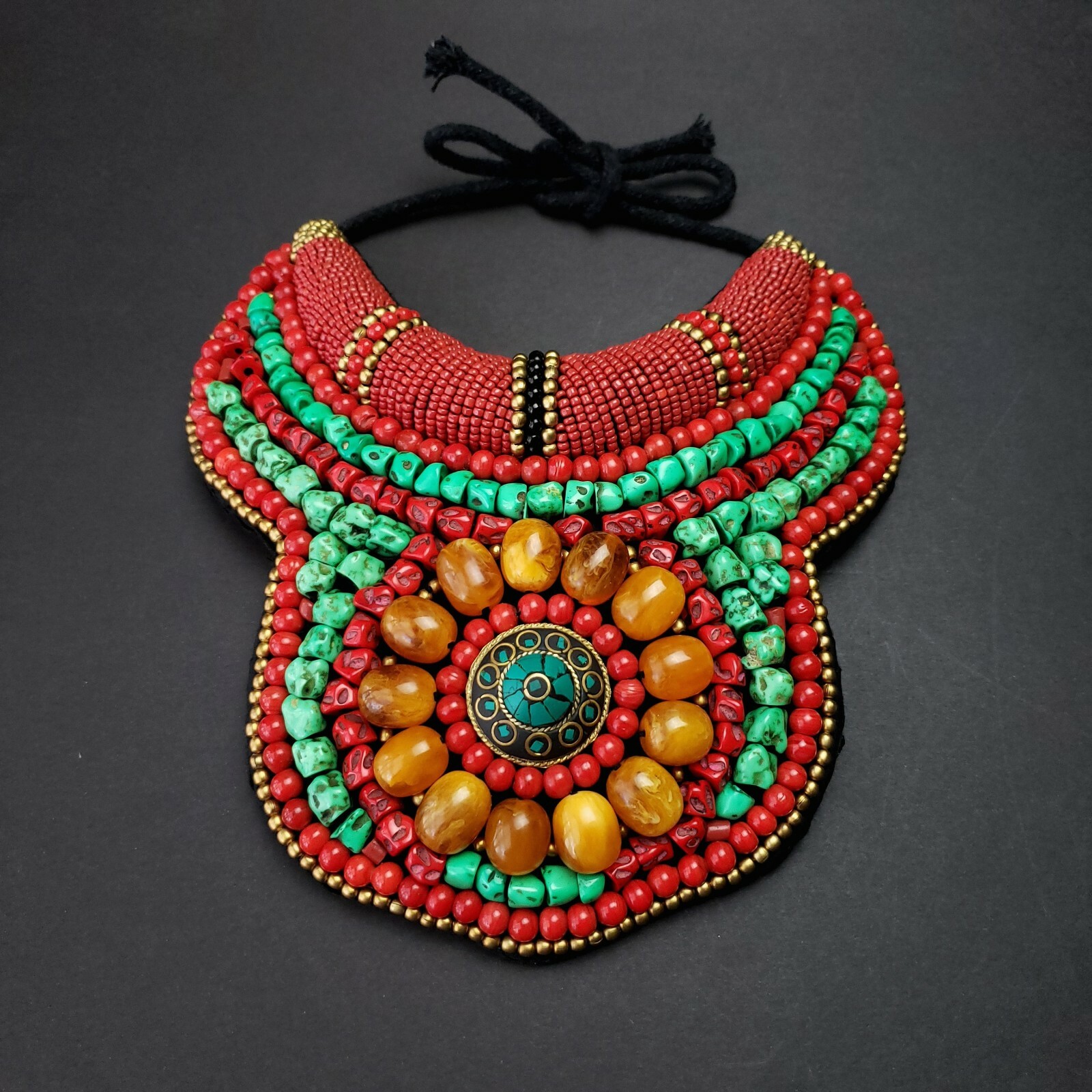 Tibetan beaded bib necklace with faux turquoise, coral and amber, ethnic jewelry