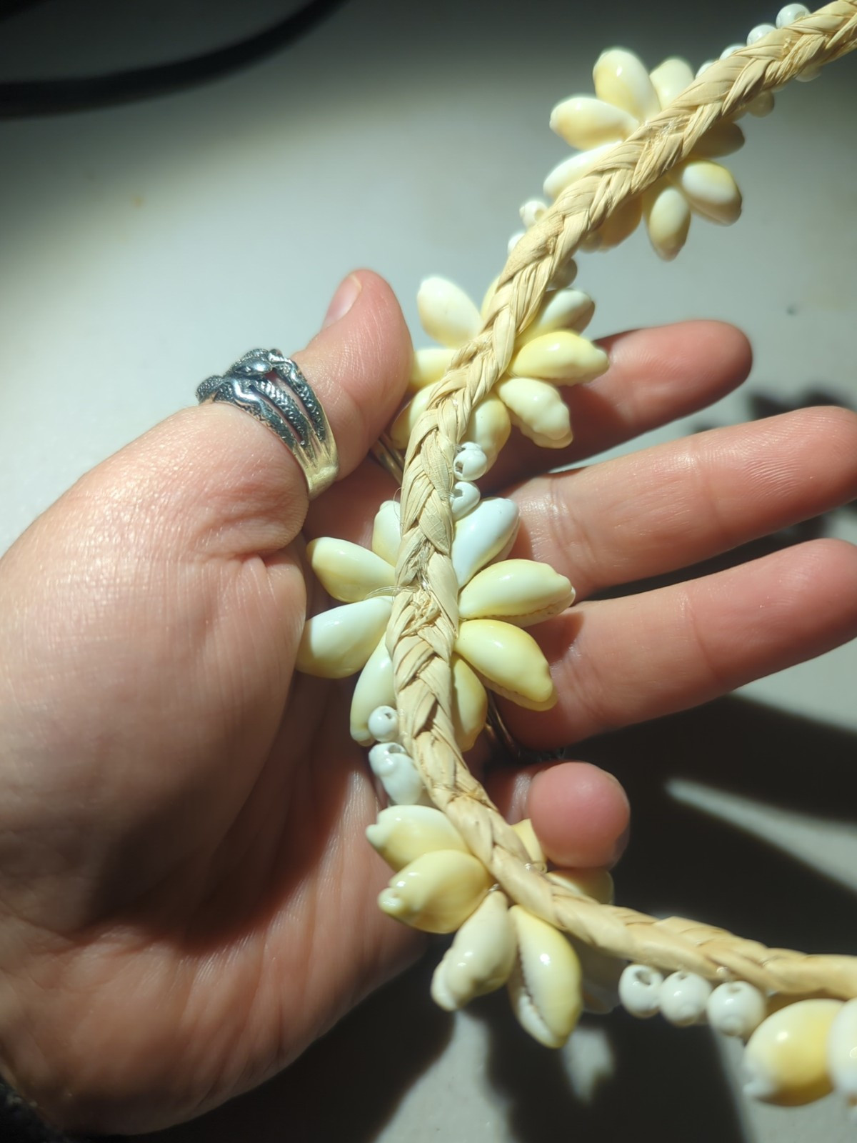 Cowrie Flower Braided Sea Grass Necklace Handmade Sea Shell-Vintage