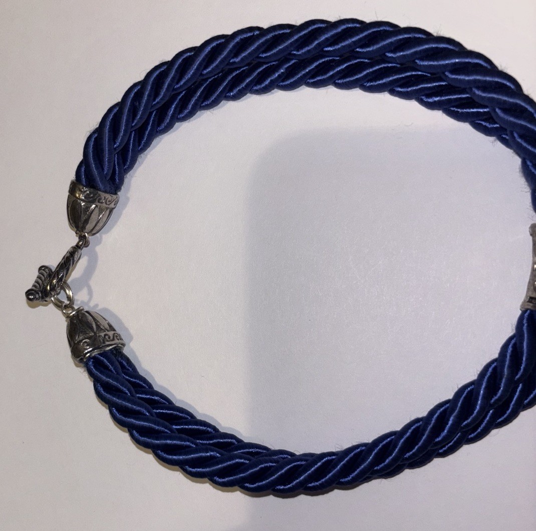 Artisan Royal Blue Rope Necklace With Metal Finishes, Pearls And Shell Pen 24in
