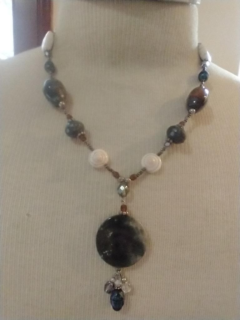 19″VINTAGE INDIAN AGATE STONE Y DROP PENDANT NECKLACE~ARTISAN~GREEN TURQUOISE