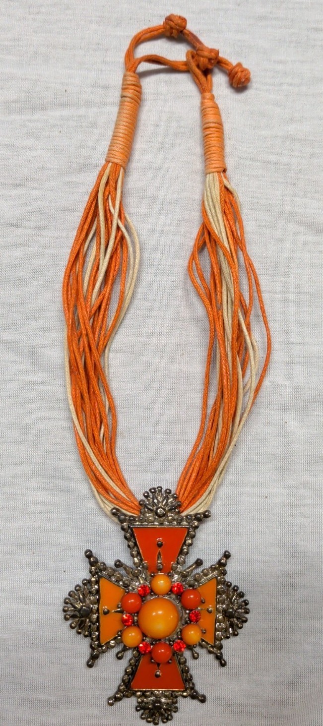 Handmade Artisan Orange Cross Statement Necklace Multi Strand Boho Pendant