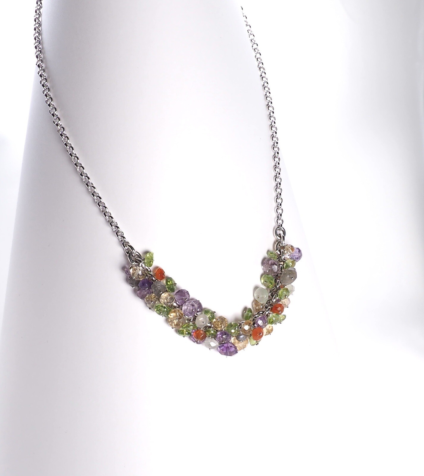 Multi Color Semi-Precious Gemstone Cluster On Sterling Silver Chain Necklace New