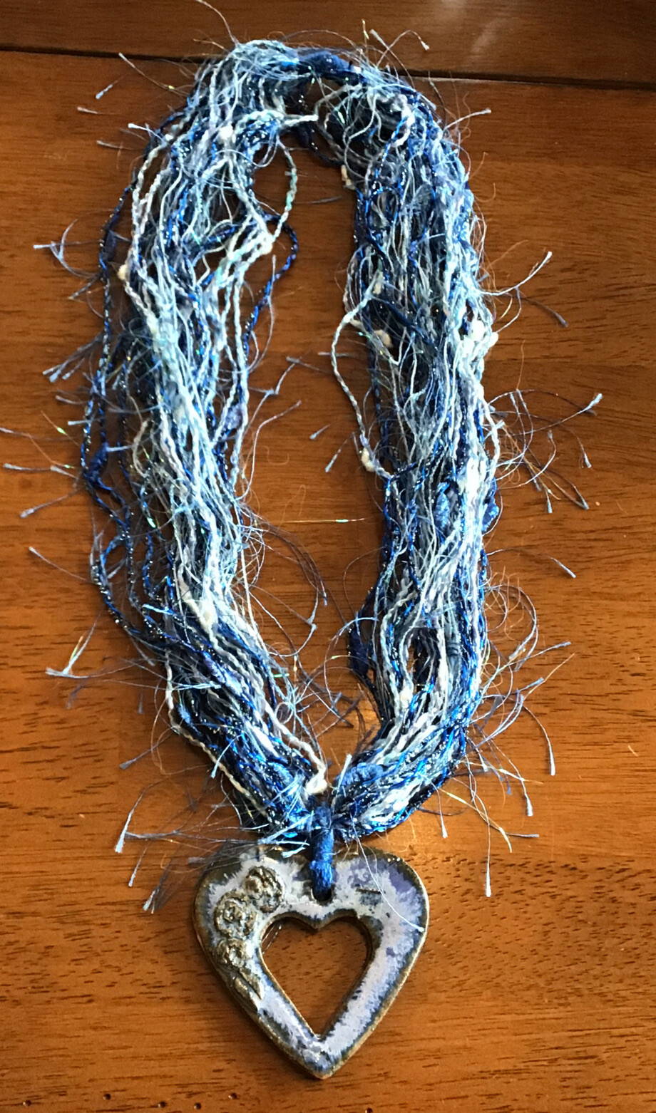 Handcrafted Bright Blue Fiber Necklace With Pottery Heart Pendant