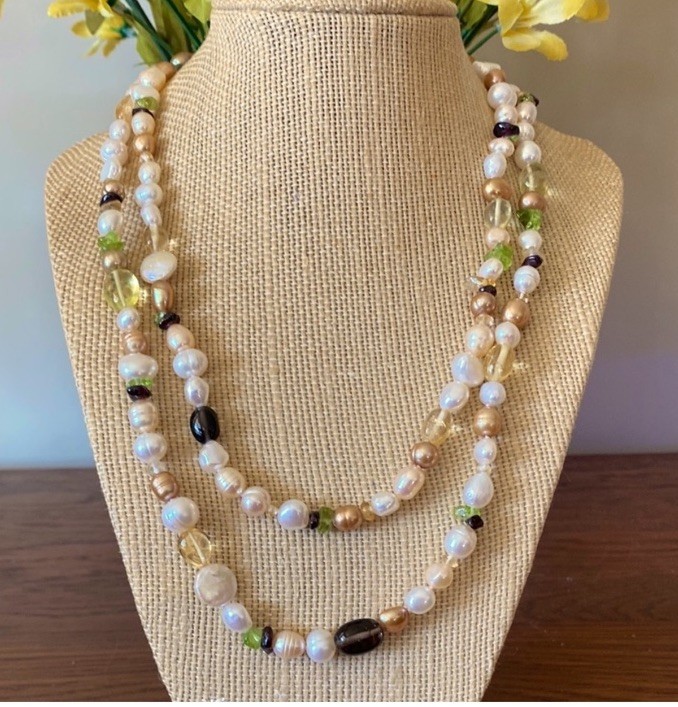 Honora Necklace Freshwater Pearls Citrine Peridot Garnet quartz 925 Sterling 39”