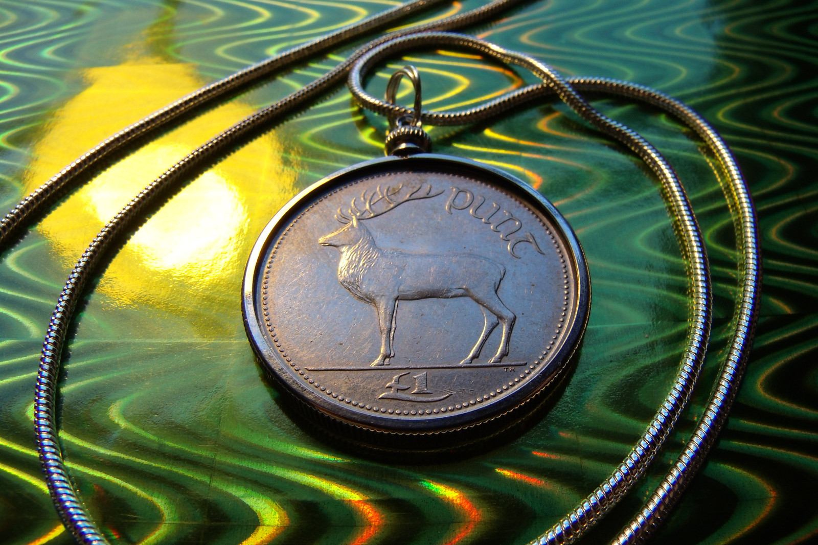 Irish Red Deer Celtic 33mm Coin Pendant 24″ White Gold Filled Round Snake Chain
