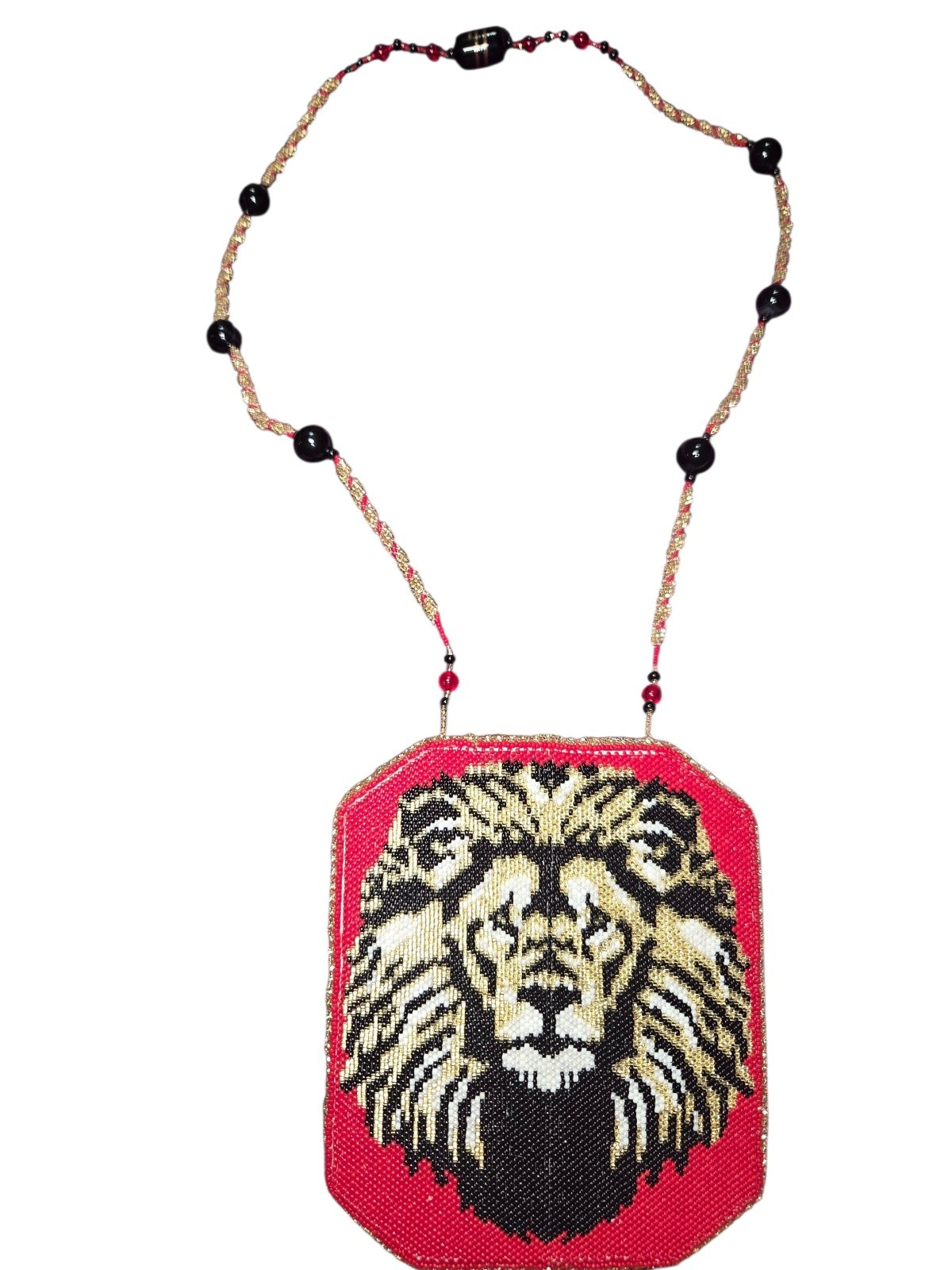 Handmade Beaded Lion Head Pendant Necklace Red Gold Black Statement Jewelry…