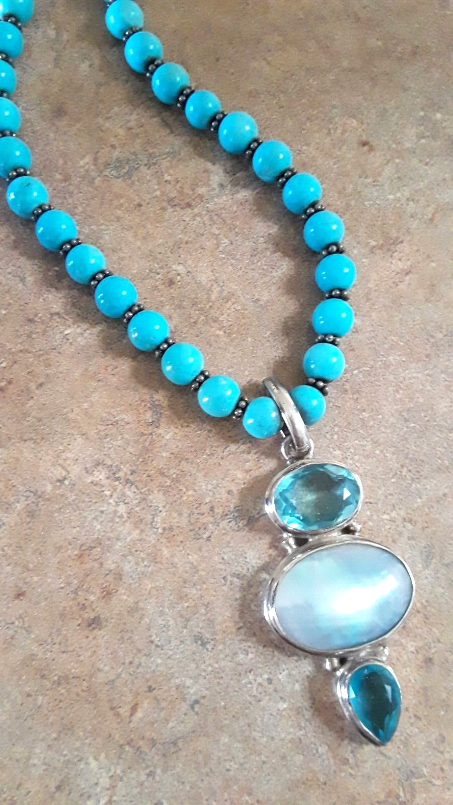 Sterling Silver Aqua Stone Beads Necklace with Blue Topaz and Shell Pendant – 16
