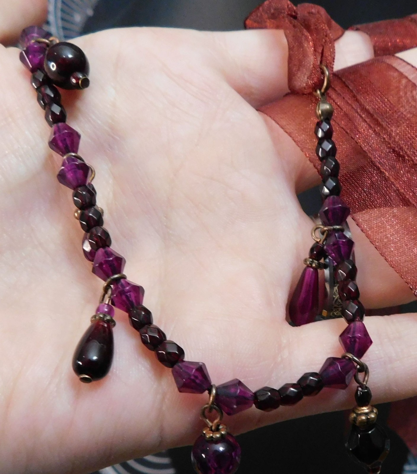 Handmade Gothic Red And Purple Tie On Beaded Necklace