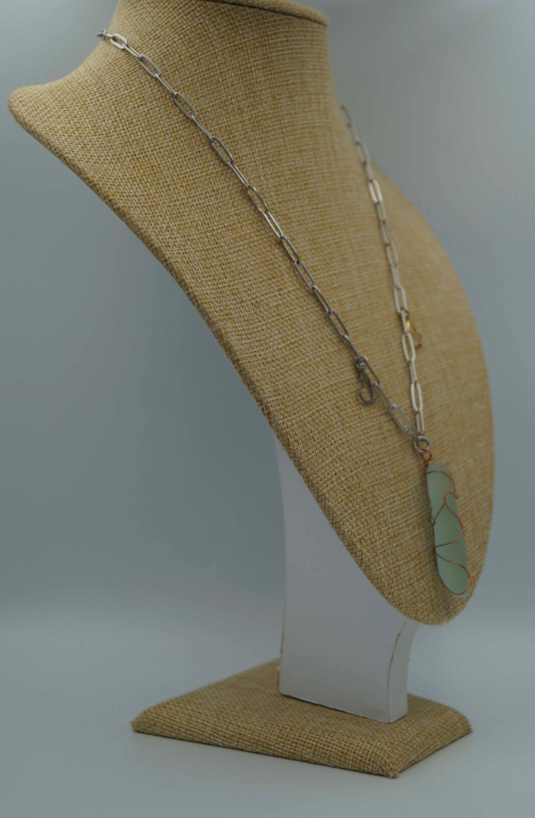 Aqua Sea Glass Piece & Heart Charms on Paperclip Stainless Steel Chain (P#194)