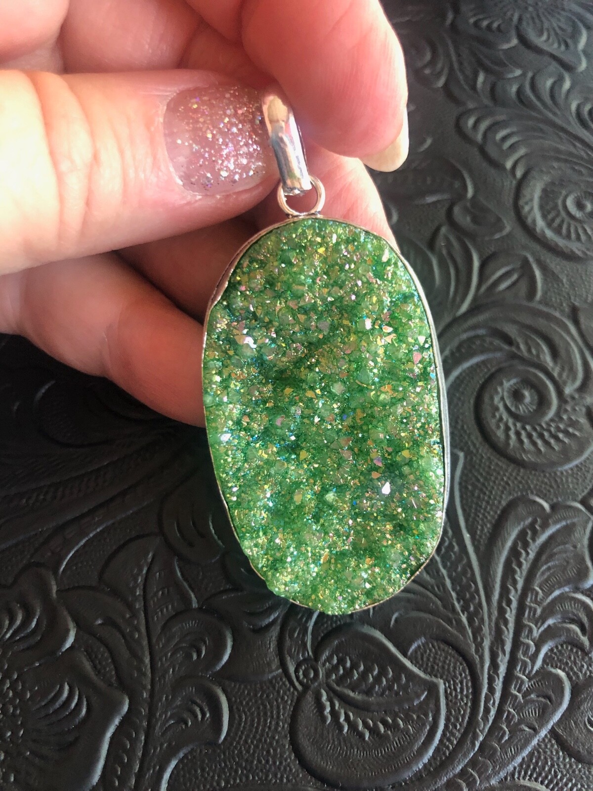 Green Druzy Quartz, Large Oval Pendant 2.5″, Artisan Handcrafted